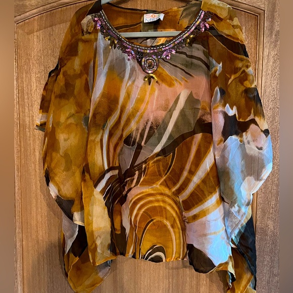 BRAND NEW Sol & Mer Parsnip Ocean Print Striped Beaded Scarf Top Up One Size - - Picture 1 of 4